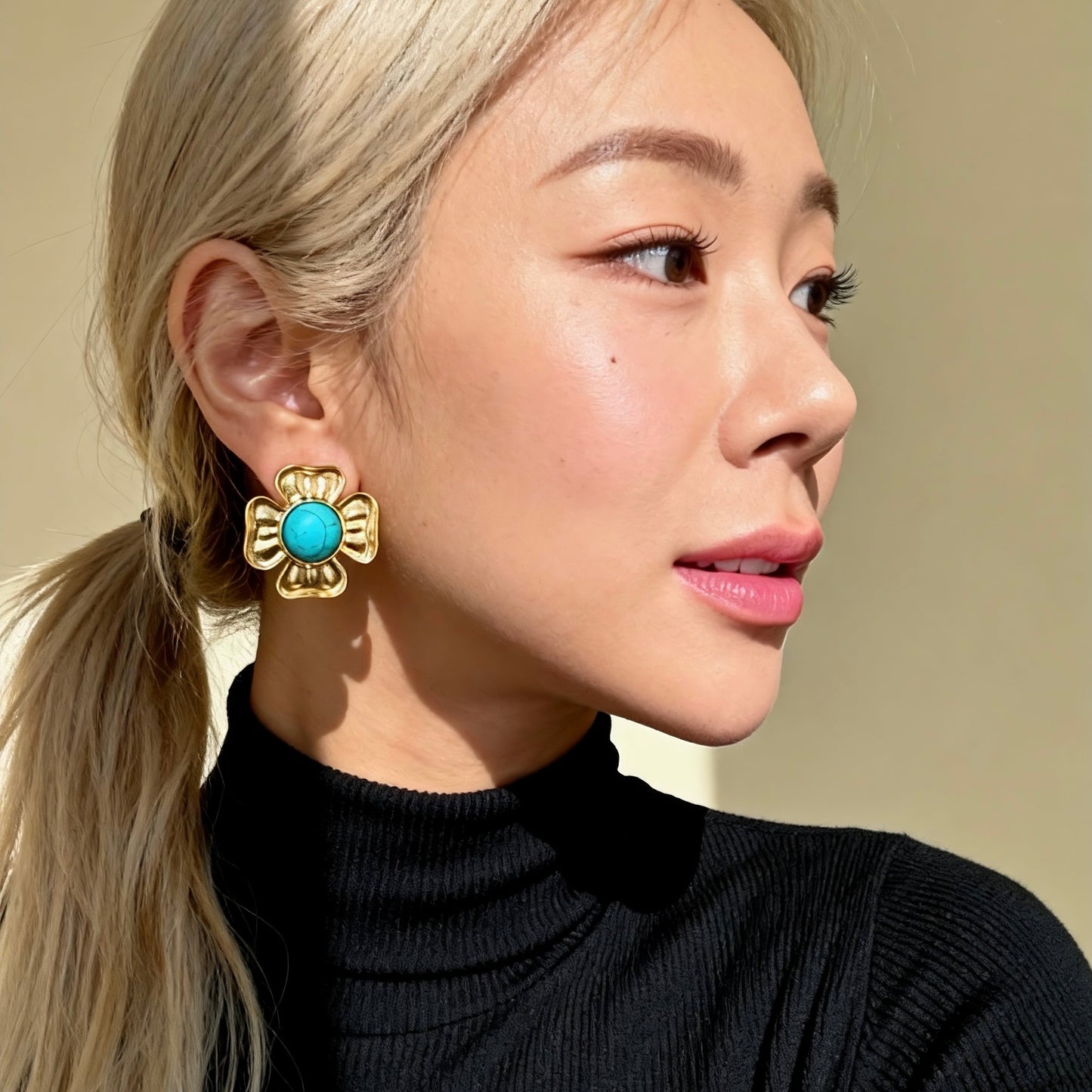 Gold Turquoise Flower Studs