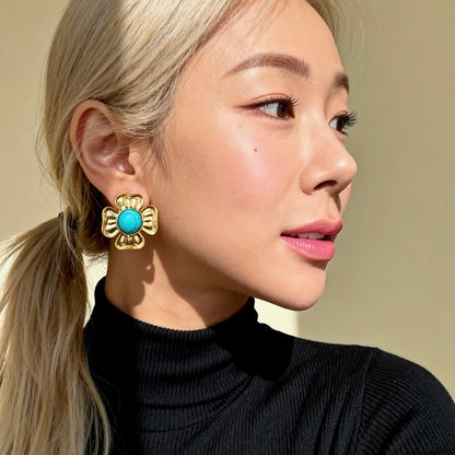Gold Turquoise Flower Studs