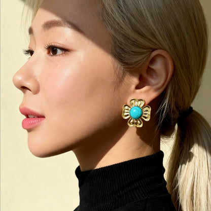 Gold Turquoise Flower Studs