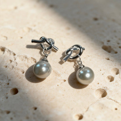 Grey Pearl Knot Earrings