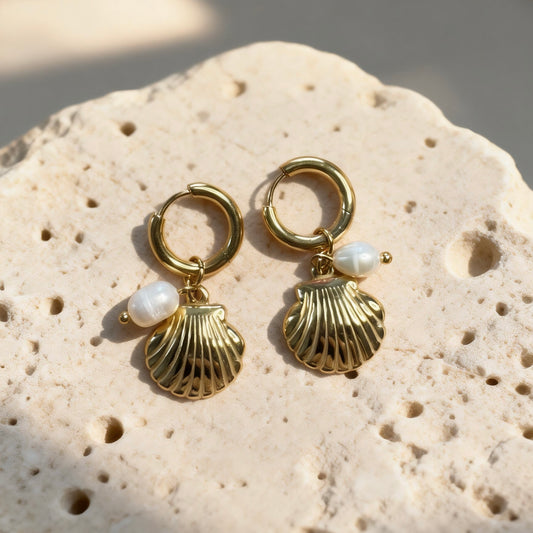 Gold Shell Pearl Hoops
