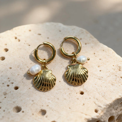 Gold Shell Pearl Hoops