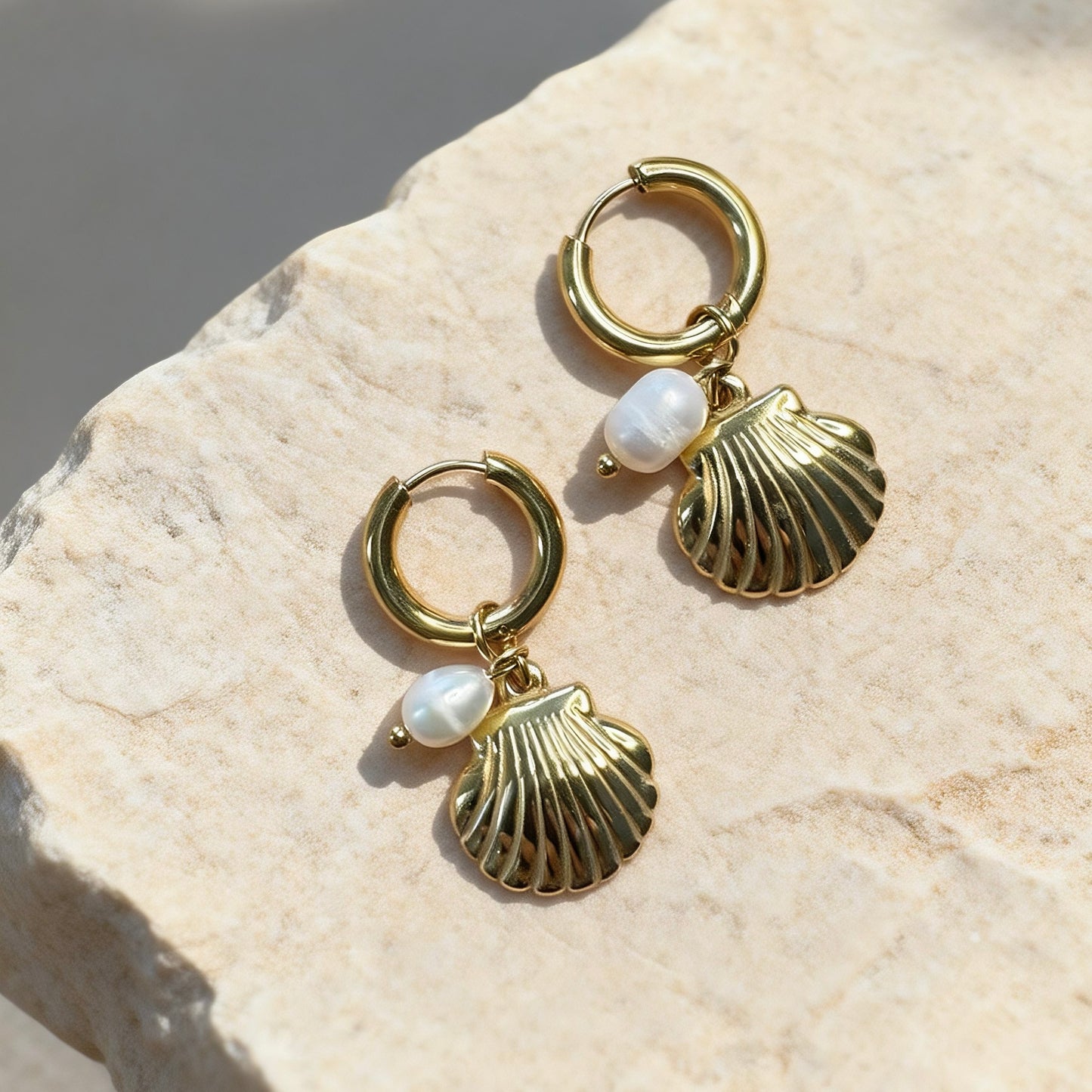 Gold Shell Pearl Hoops