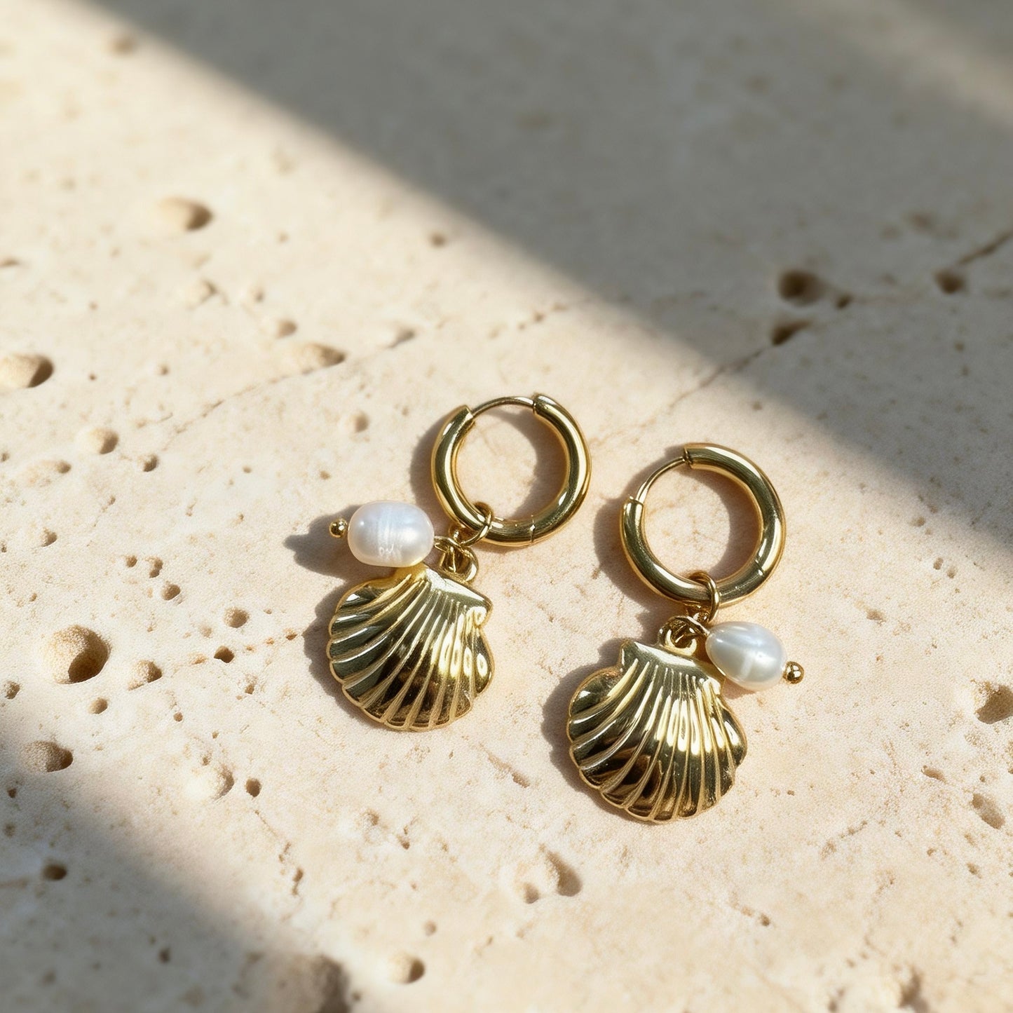 Gold Shell Pearl Hoops