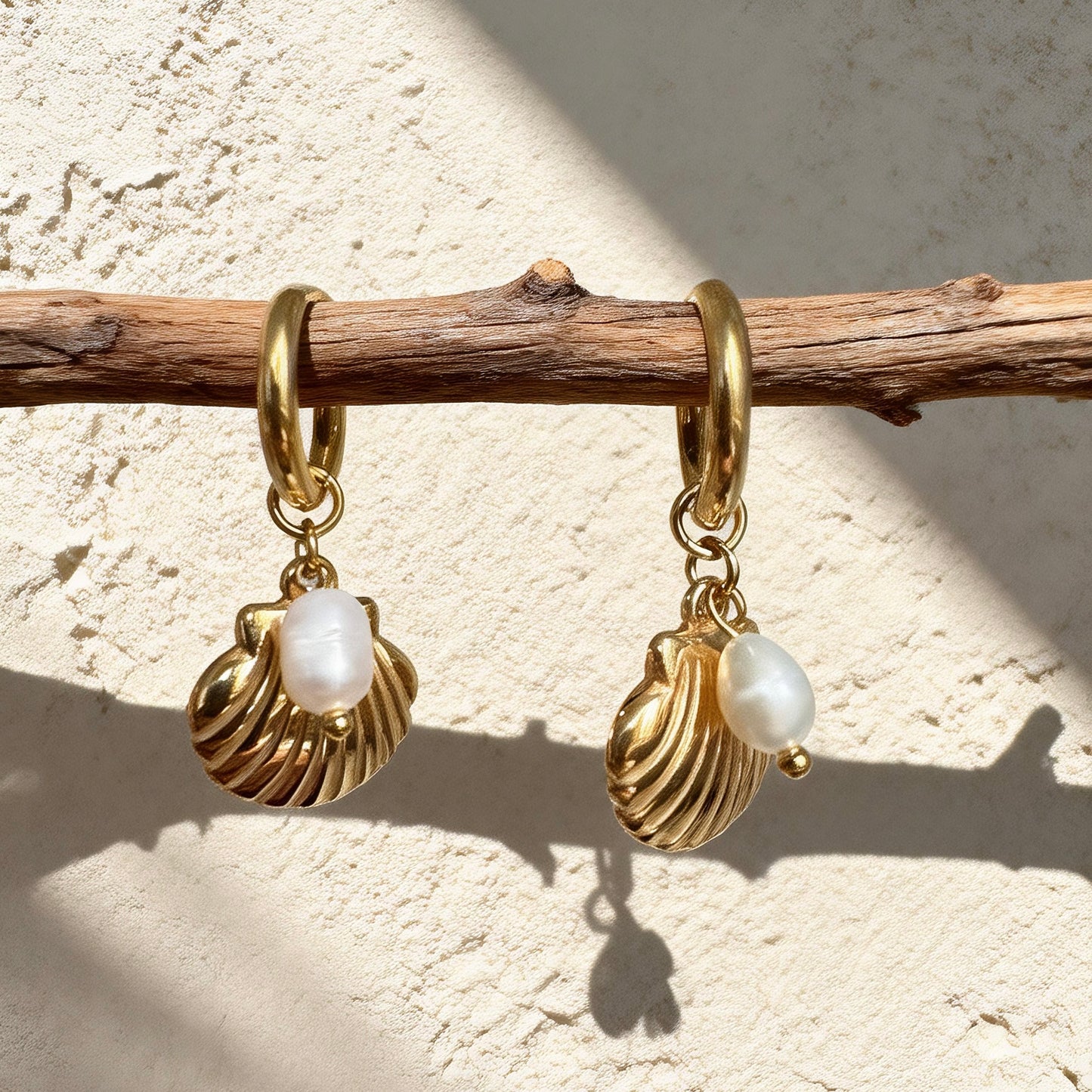 Gold Shell Pearl Hoops