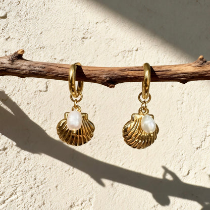 Gold Shell Pearl Hoops