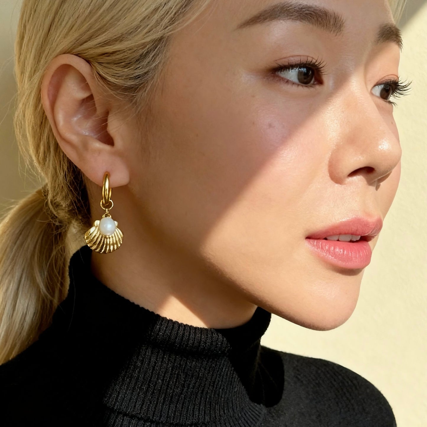 Gold Shell Pearl Hoops