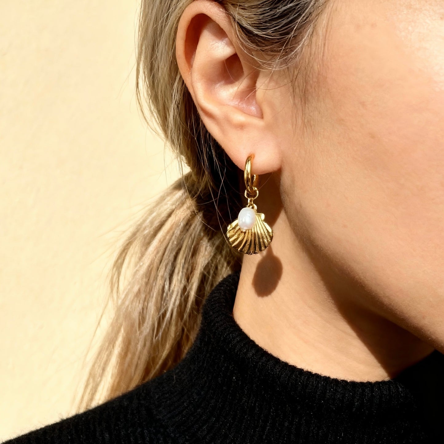 Gold Shell Pearl Hoops