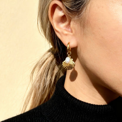 Gold Shell Pearl Hoops