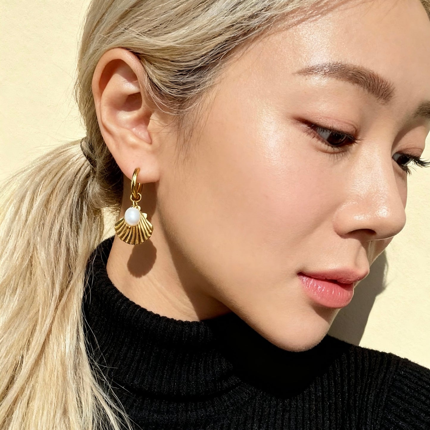 Gold Shell Pearl Hoops