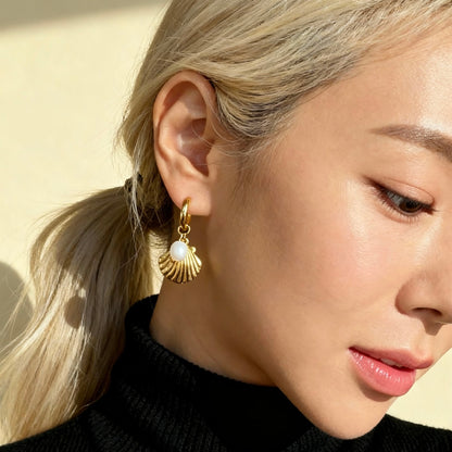 Gold Shell Pearl Hoops