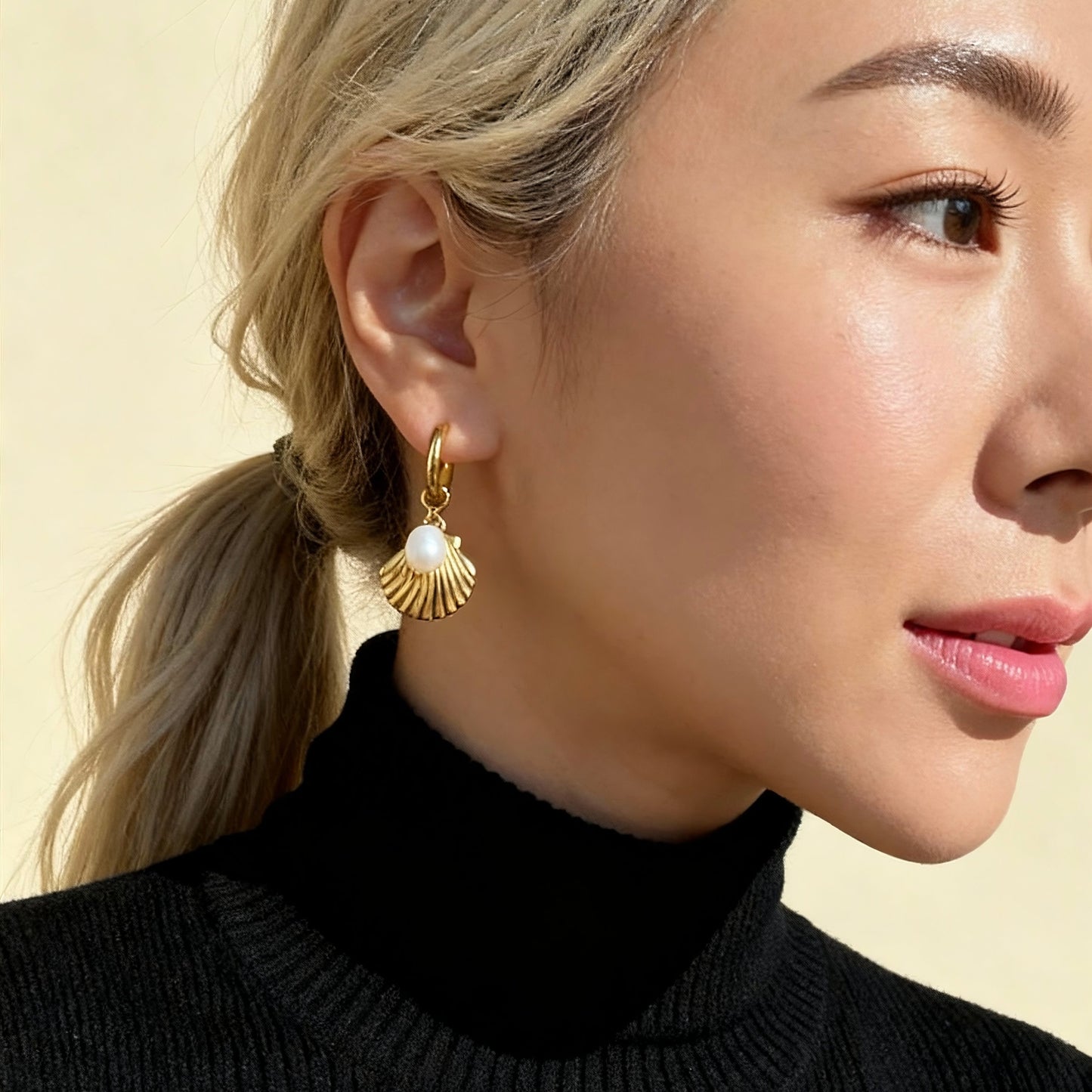 Gold Shell Pearl Hoops