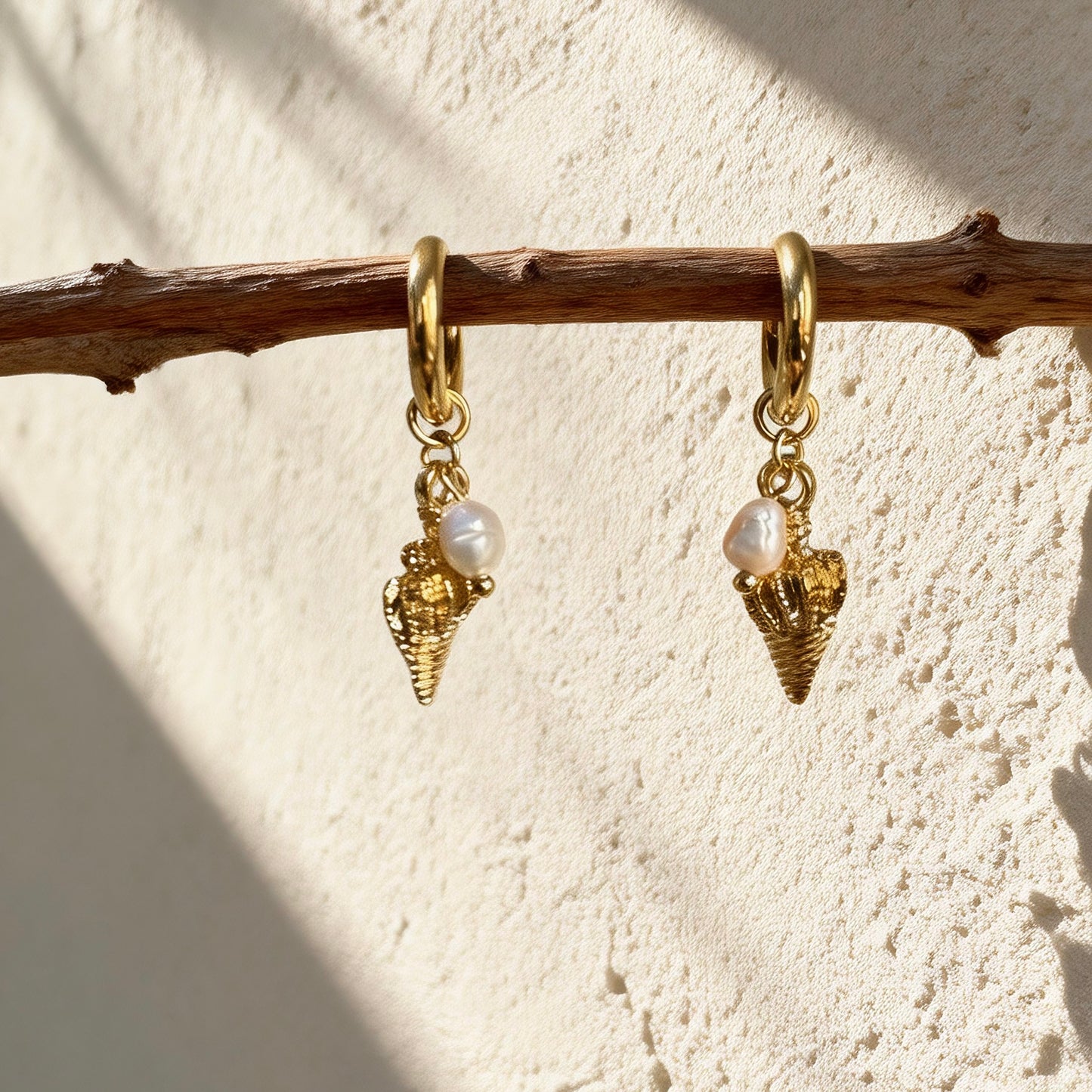 Gold Shell Pearl Hoops