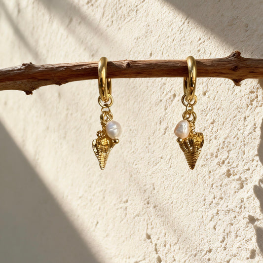 Gold Shell Pearl Hoops