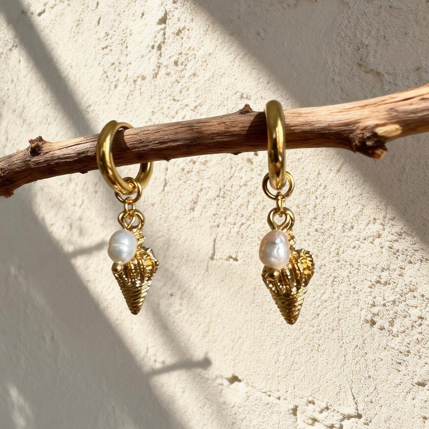 Gold Shell Pearl Hoops