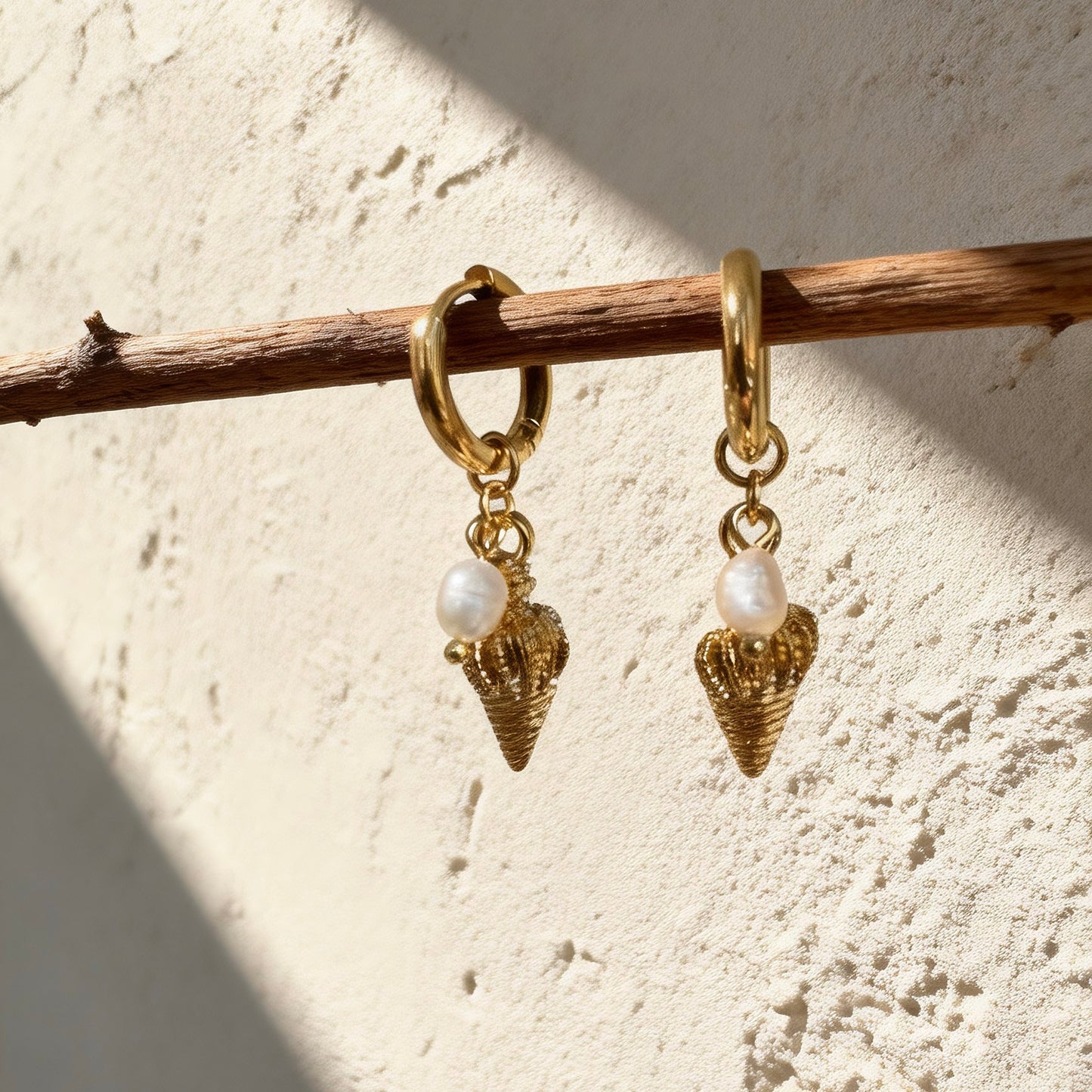 Gold Shell Pearl Hoops