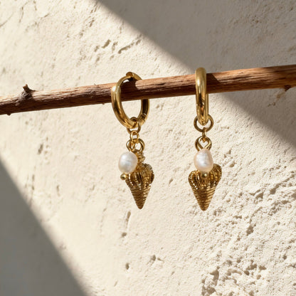 Gold Shell Pearl Hoops
