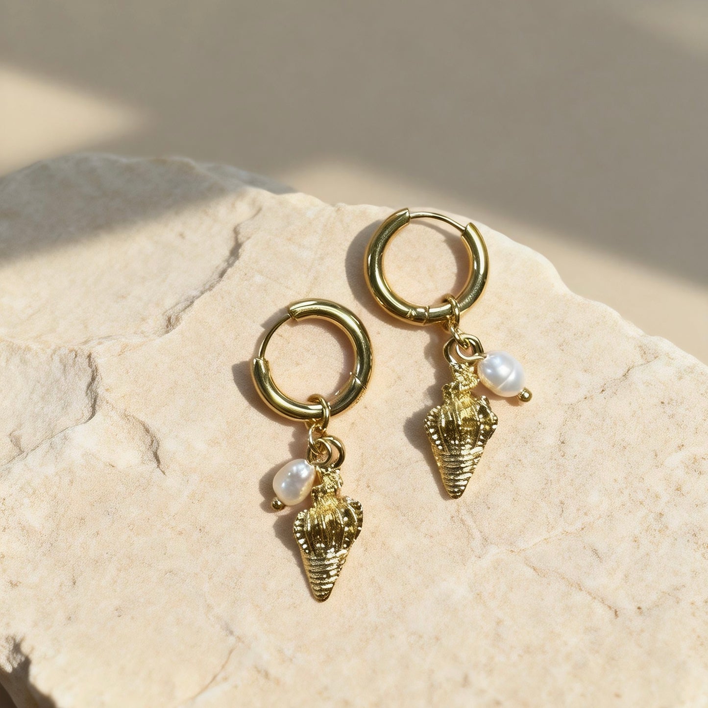 Gold Shell Pearl Hoops