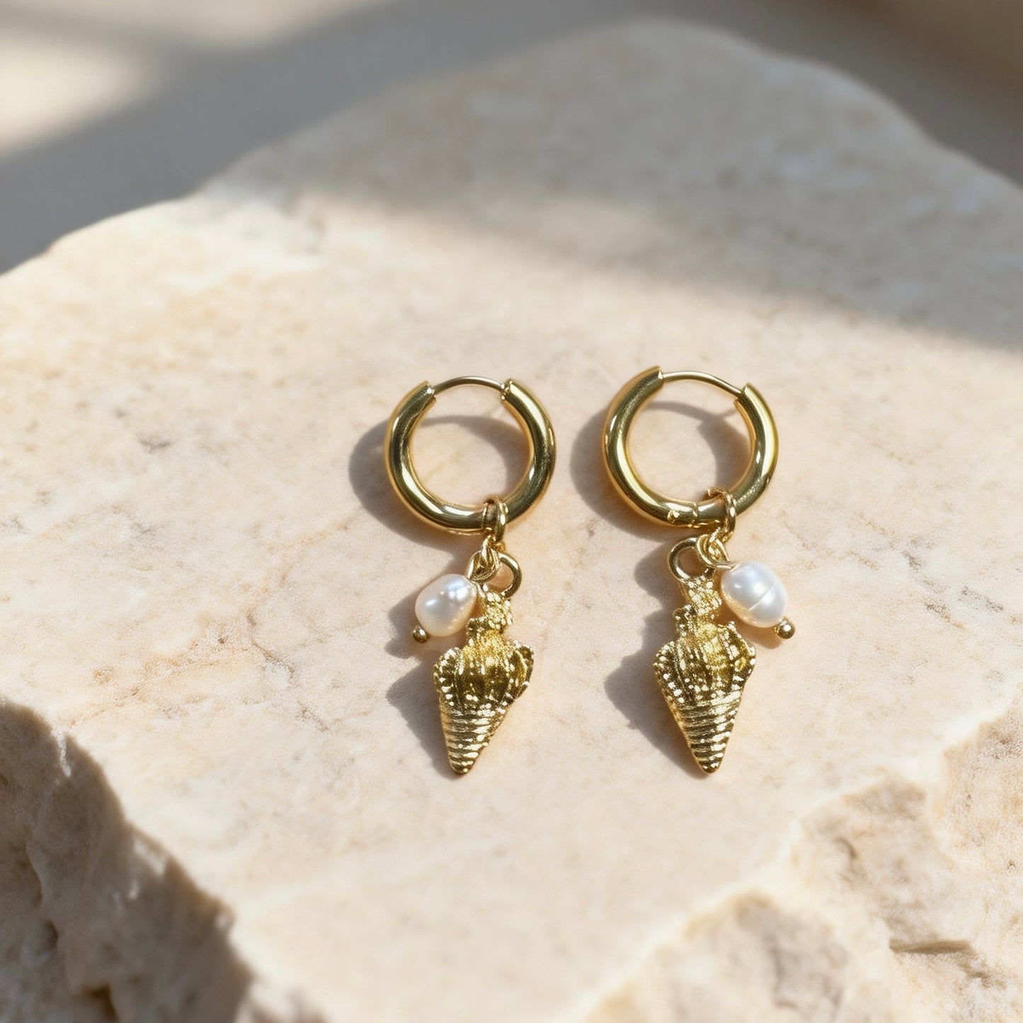 Gold Shell Pearl Hoops