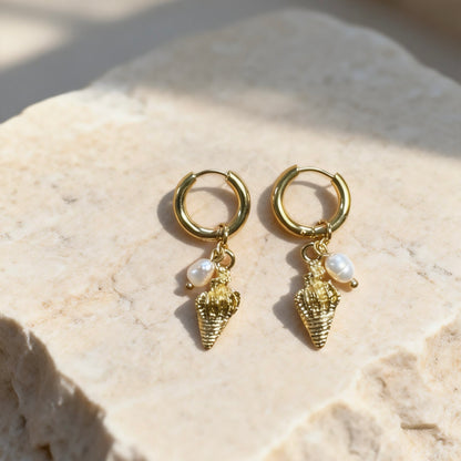 Gold Shell Pearl Hoops