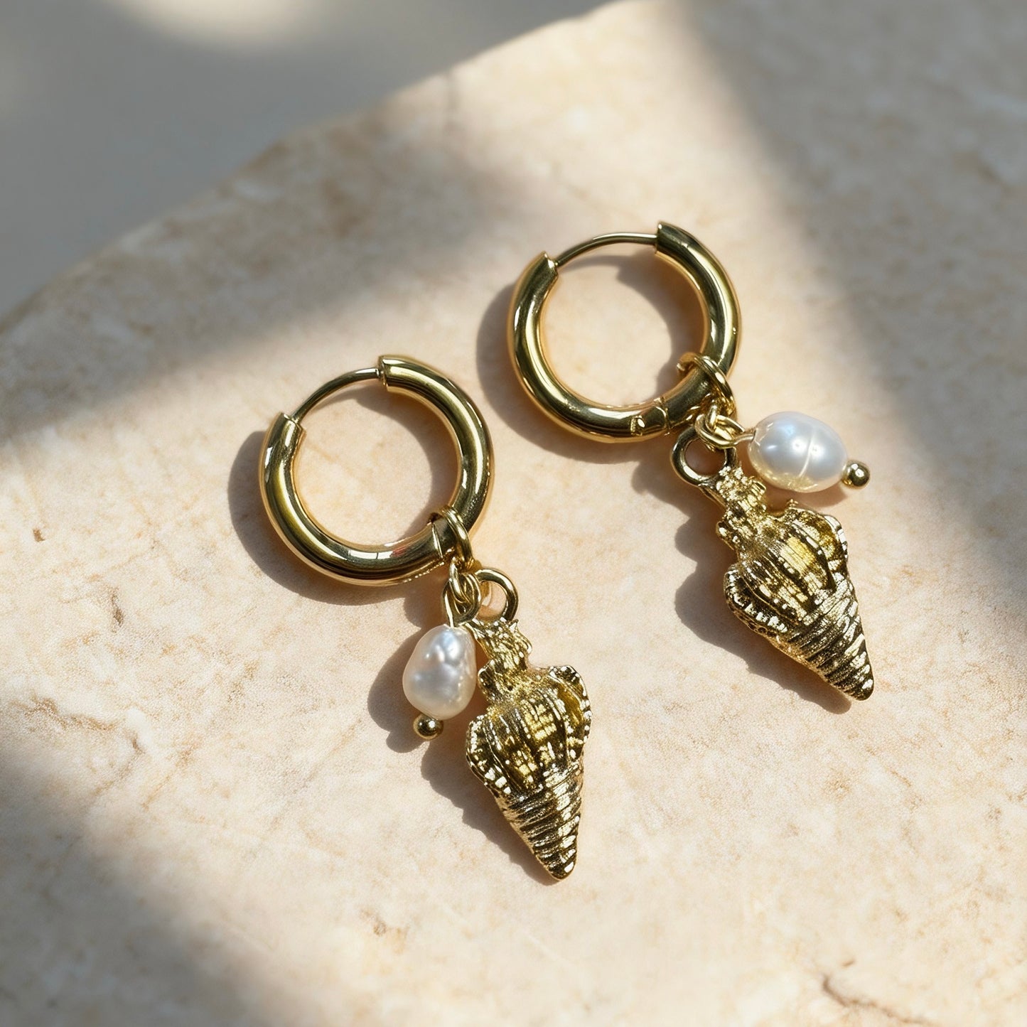 Gold Shell Pearl Hoops