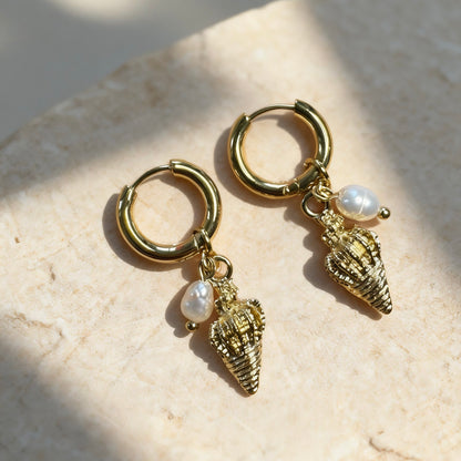 Gold Shell Pearl Hoops