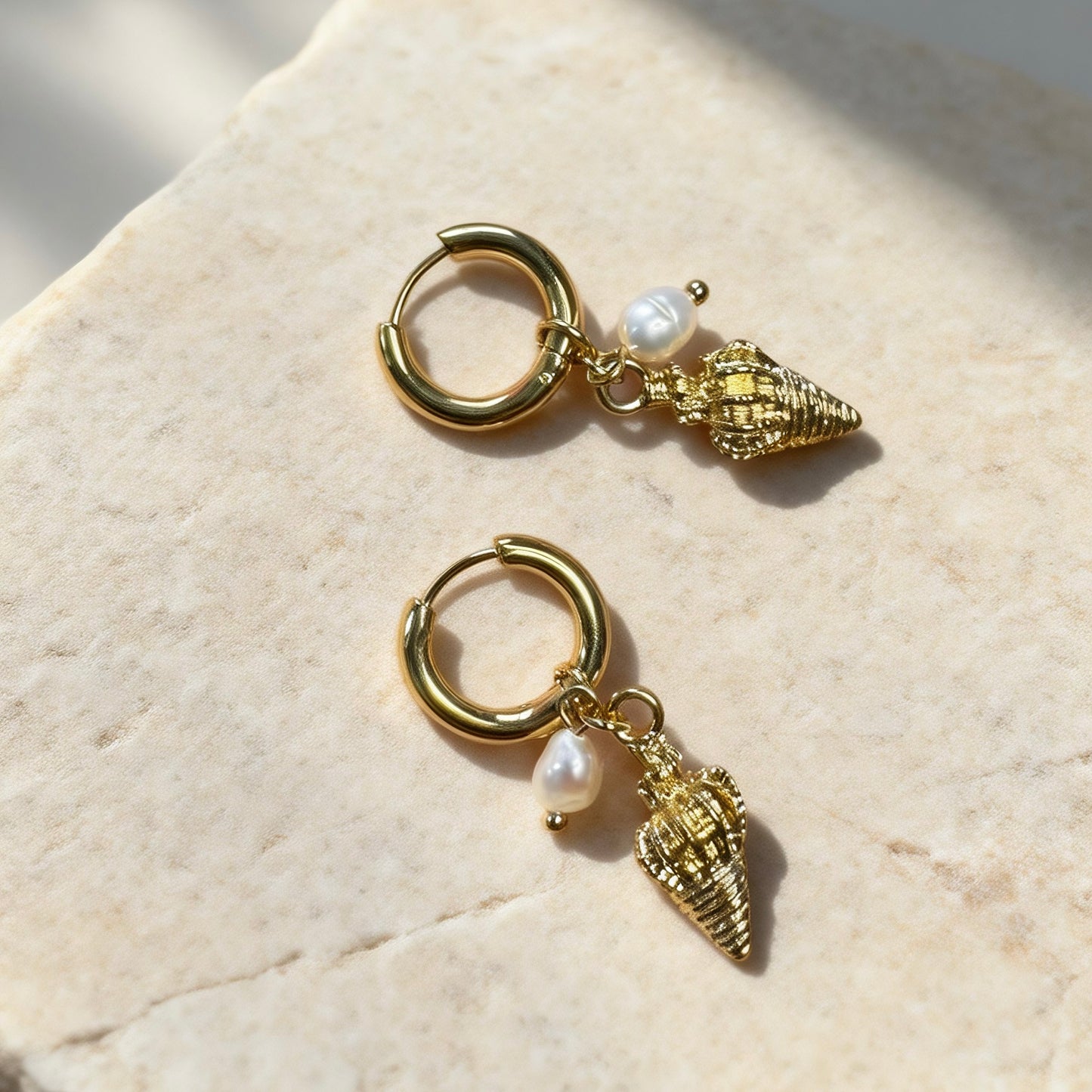 Gold Shell Pearl Hoops