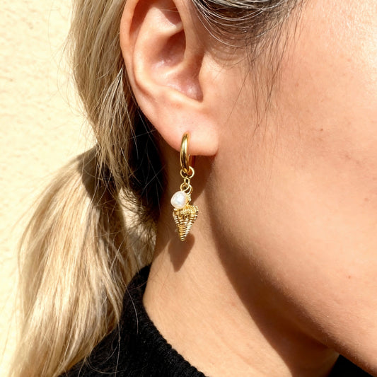 Gold Shell Pearl Hoops