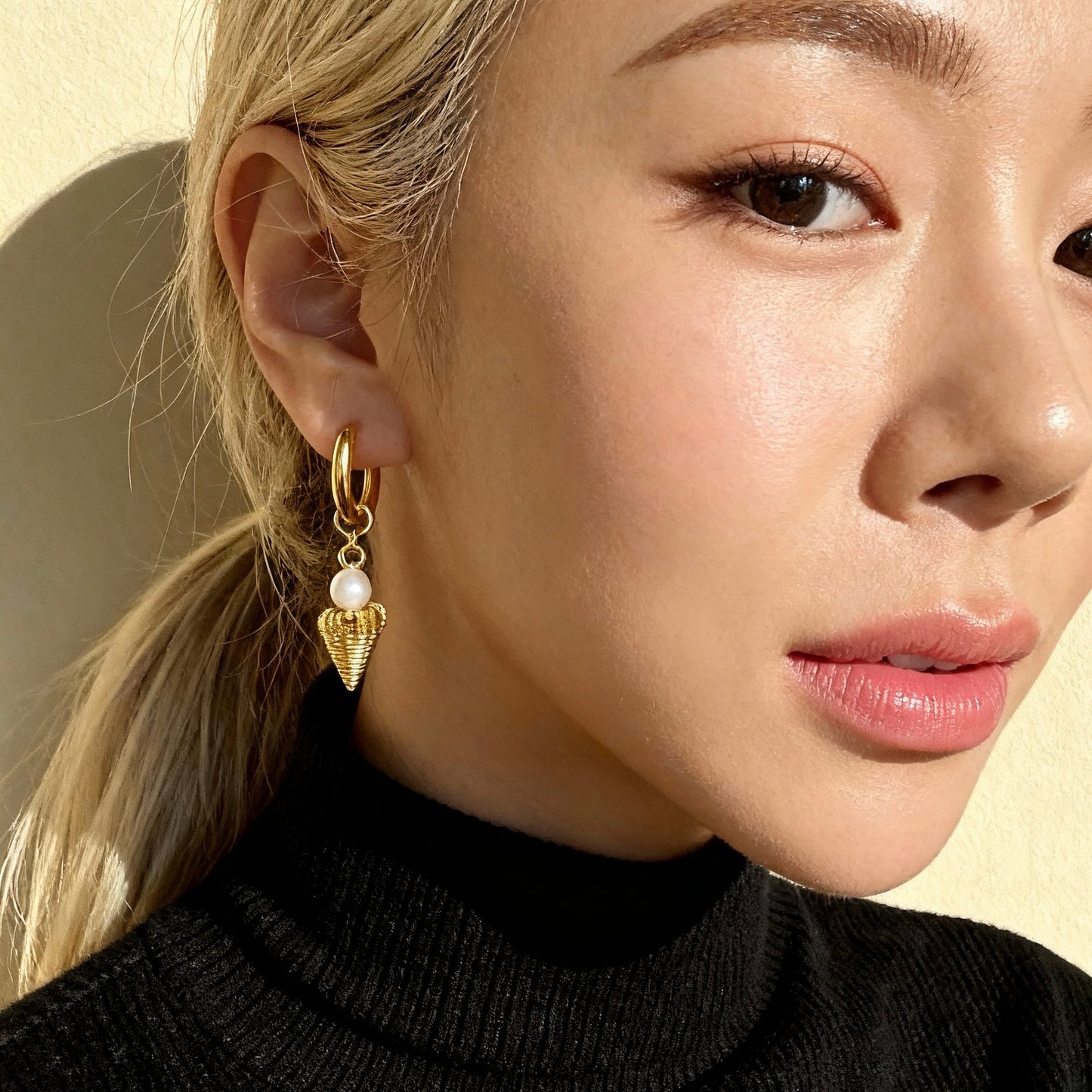 Gold Shell Pearl Hoops