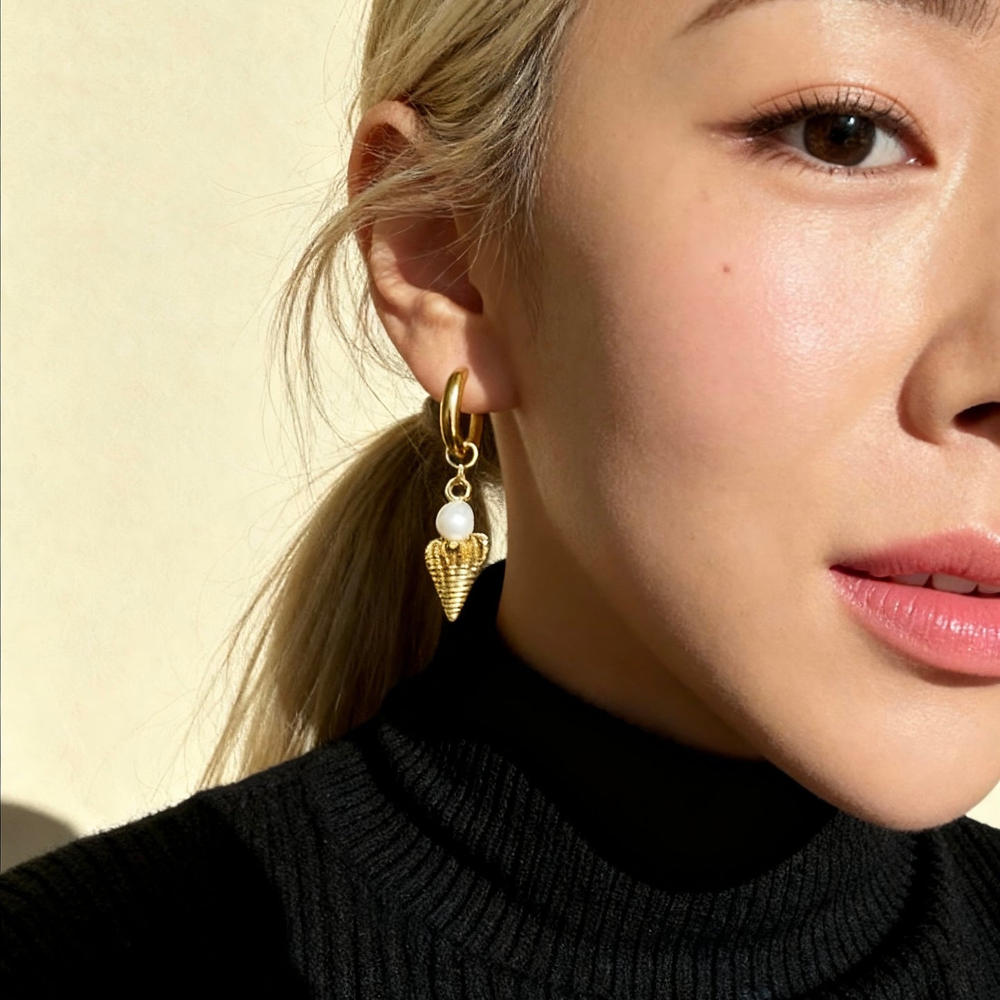 Gold Shell Pearl Hoops