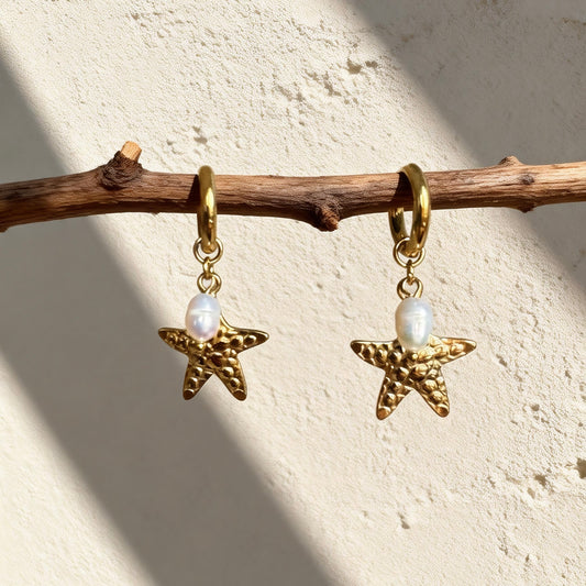 Gold Starfish Pearl Hoops