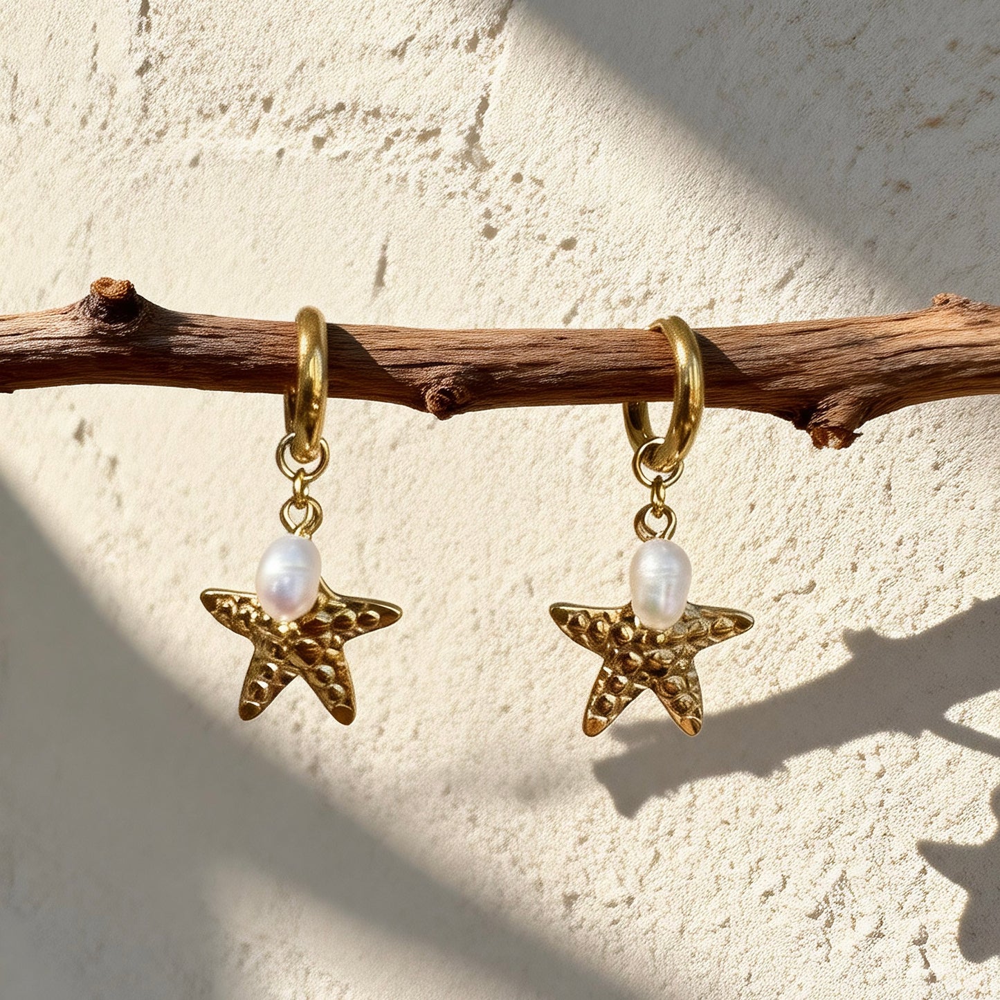 Gold Starfish Pearl Hoops