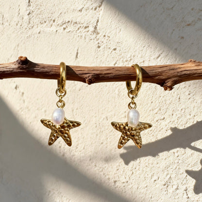 Gold Starfish Pearl Hoops