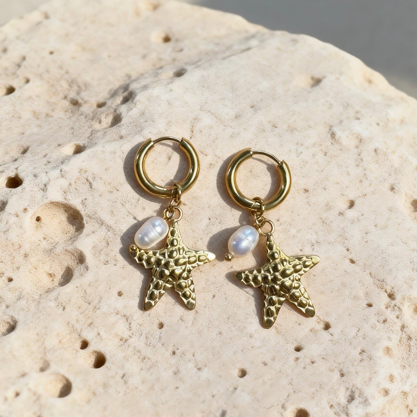 Gold Starfish Pearl Hoops
