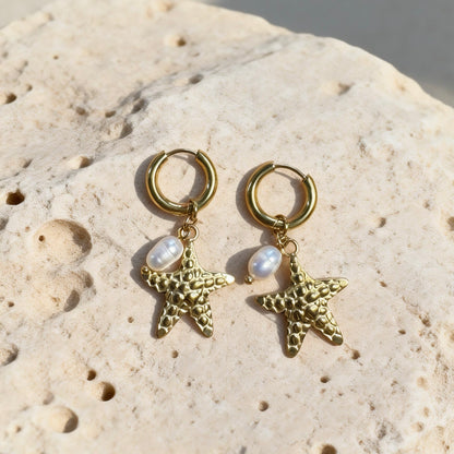 Gold Starfish Pearl Hoops