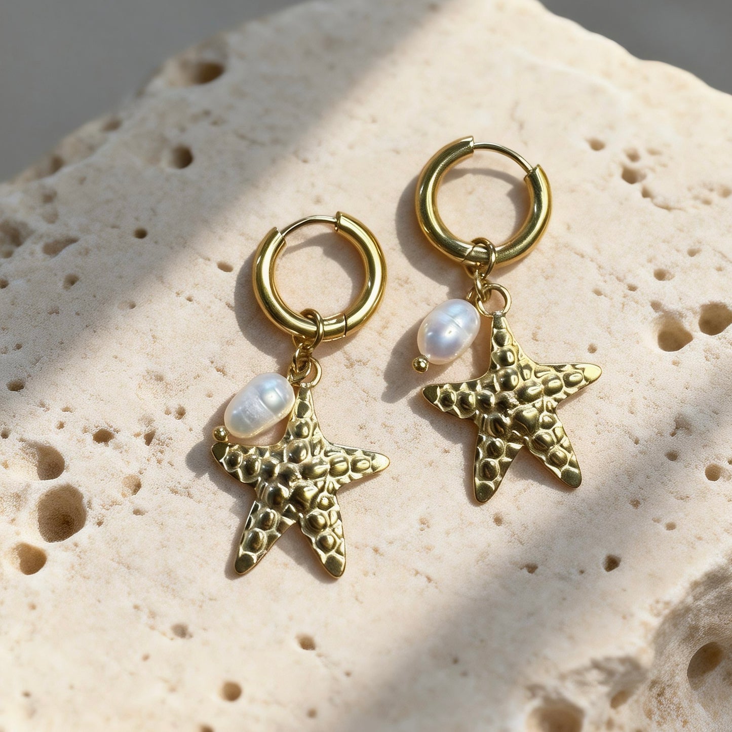 Gold Starfish Pearl Hoops