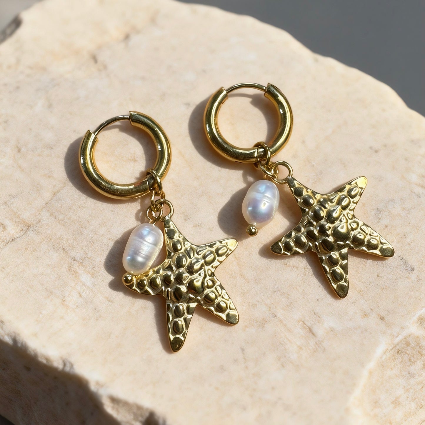 Gold Starfish Pearl Hoops