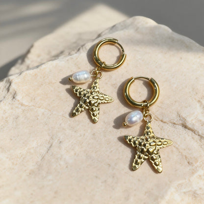 Gold Starfish Pearl Hoops