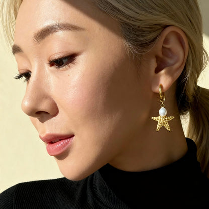 Gold Starfish Pearl Hoops
