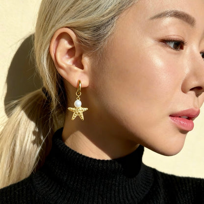 Gold Starfish Pearl Hoops