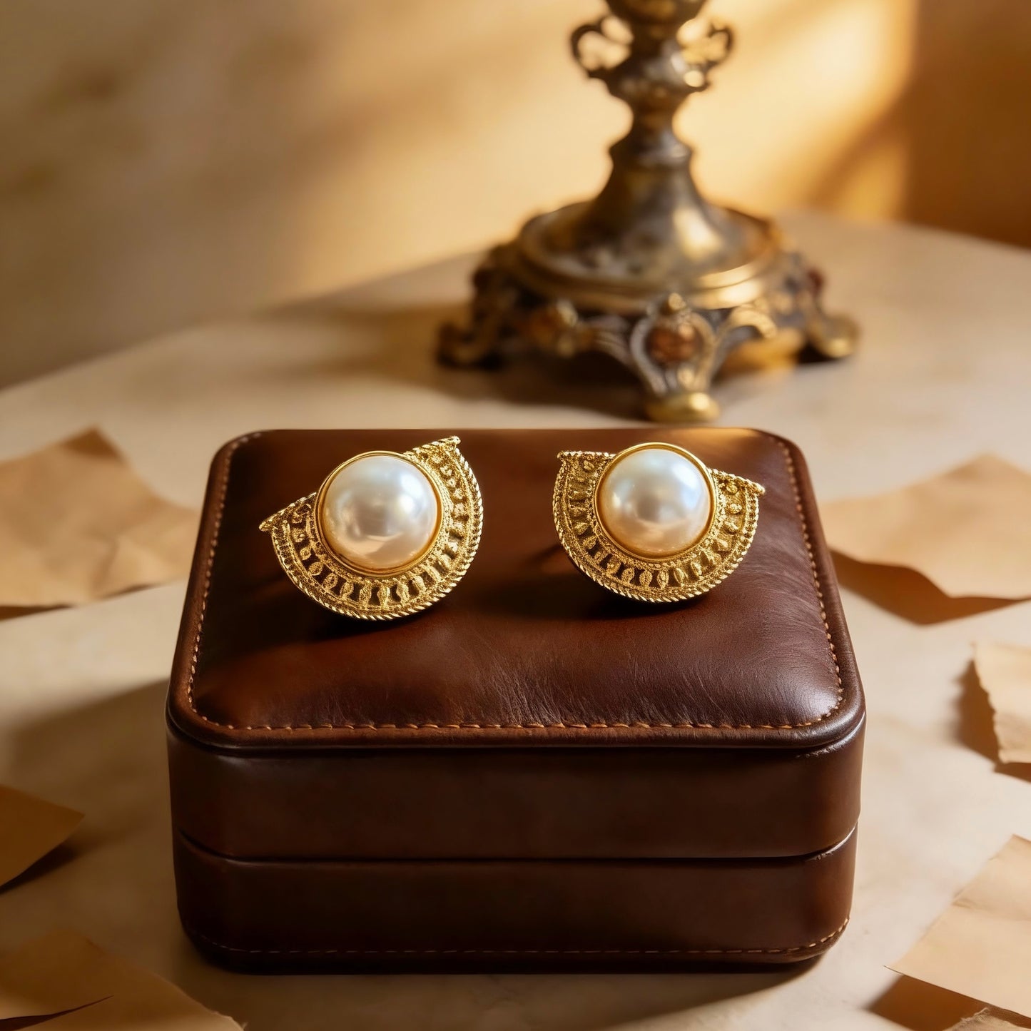 Vintage Gold Half-Moon Pearl Stud Earrings