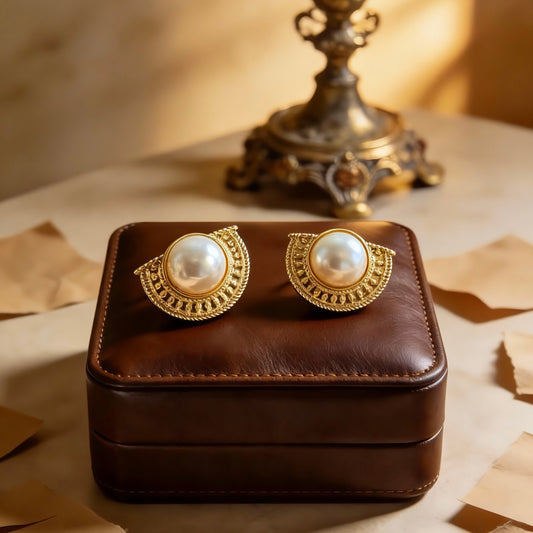 Vintage Gold Half-Moon Pearl Stud Earrings