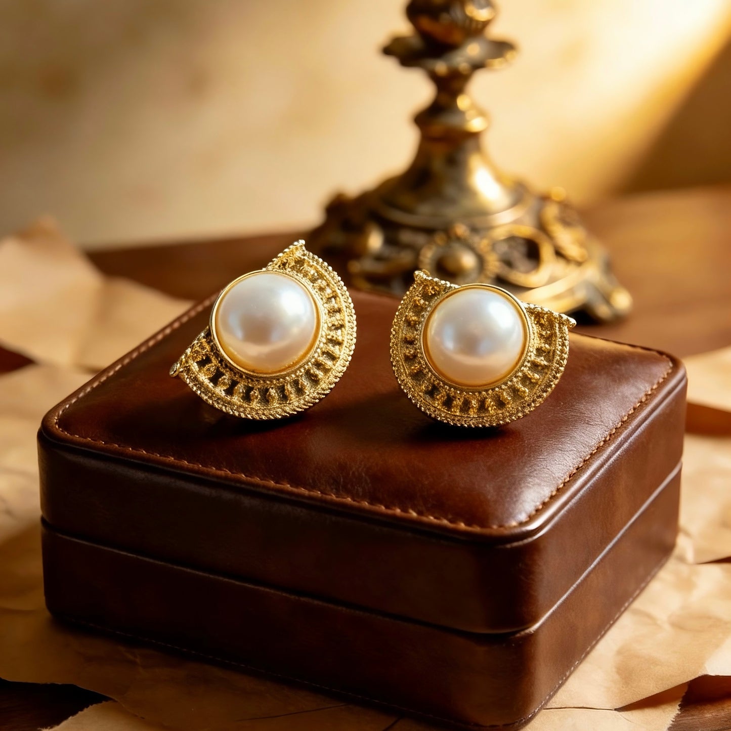 Vintage Gold Half-Moon Pearl Stud Earrings