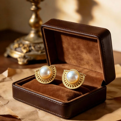 Vintage Gold Half-Moon Pearl Stud Earrings