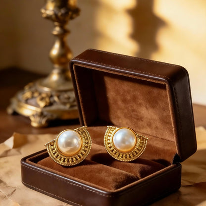 Vintage Gold Half-Moon Pearl Stud Earrings