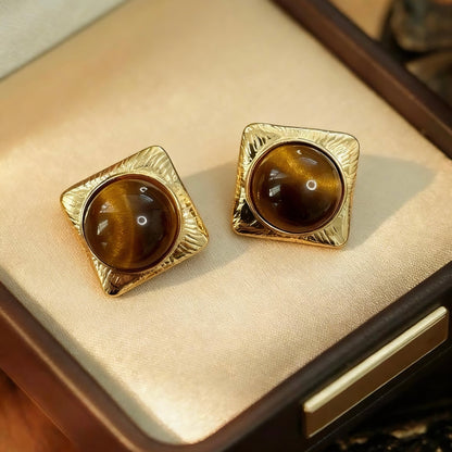 Square Tiger Eye Stud Earrings