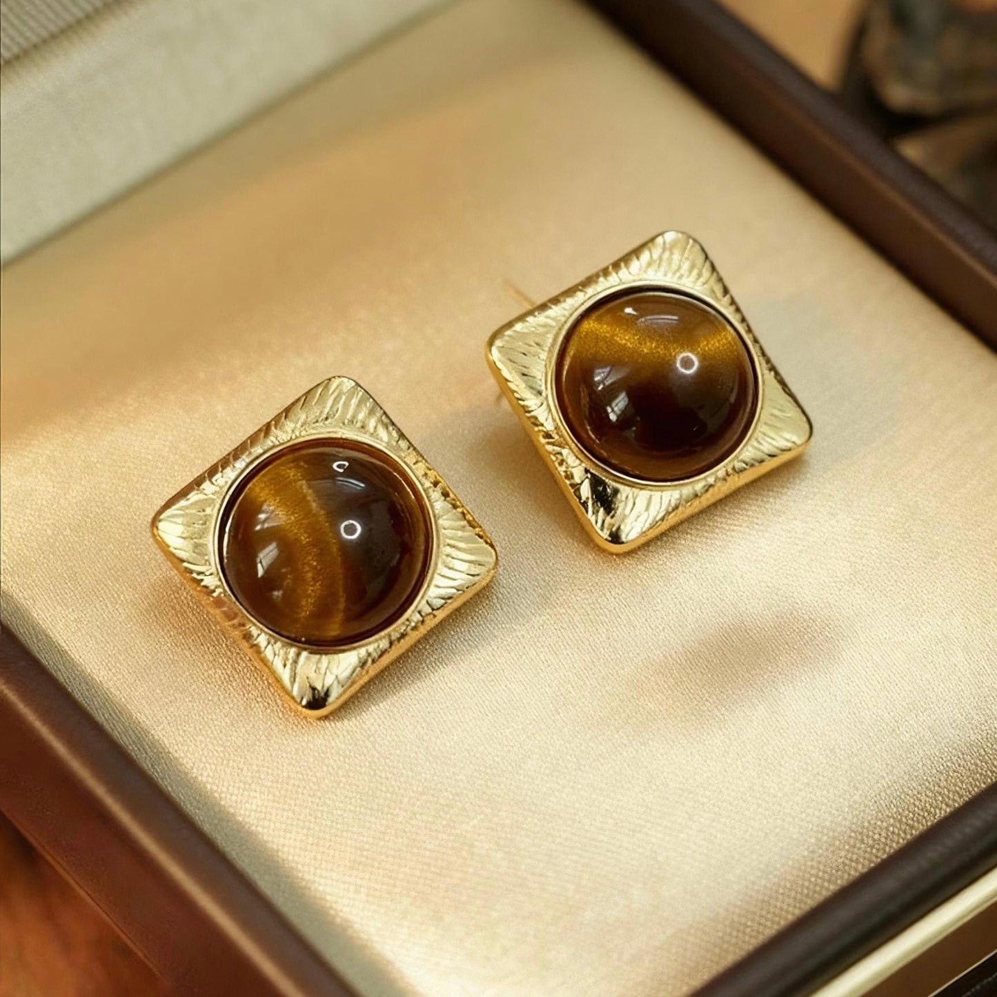 Square Tiger Eye Stud Earrings