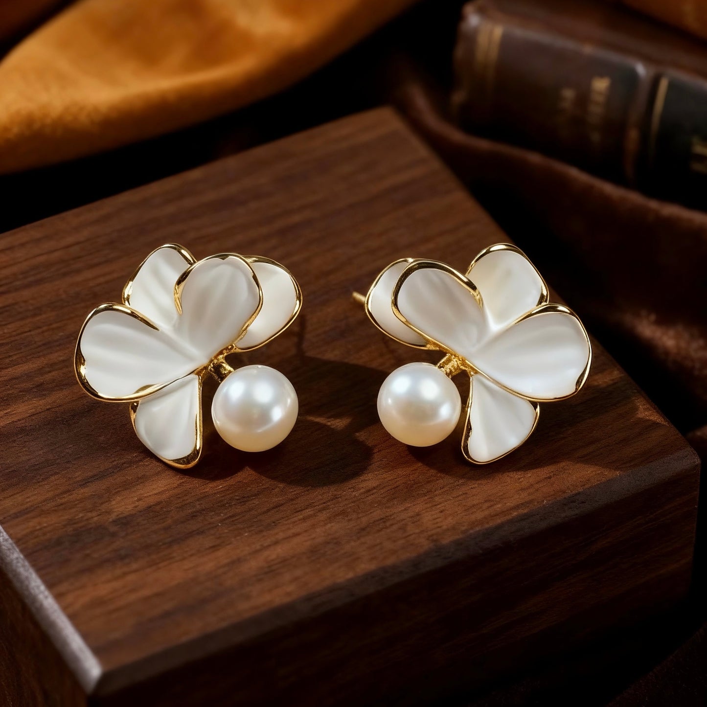 White Shell Petal Pearl Stud Earrings