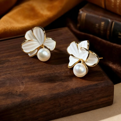White Shell Petal Pearl Stud Earrings