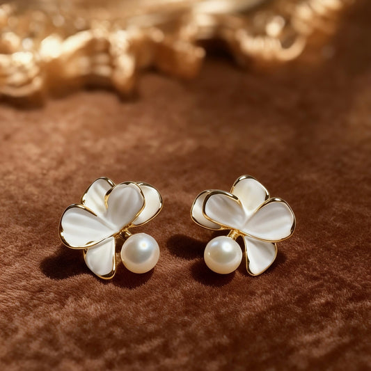 White Shell Petal Pearl Stud Earrings